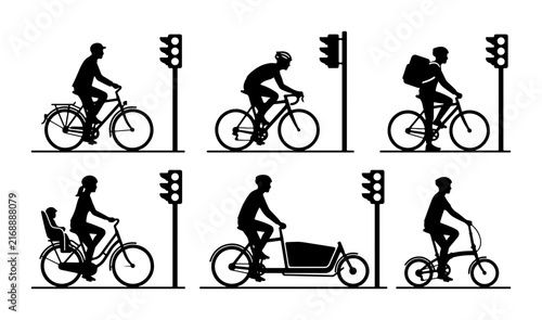 Diverse Cyclist Silhouettes, Urban Commute, Bicycle Types, Traffic Light Icons, Vector Set