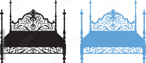 Фотография Black and blue ornate four poster bed silhouettes with decorative scrollwork