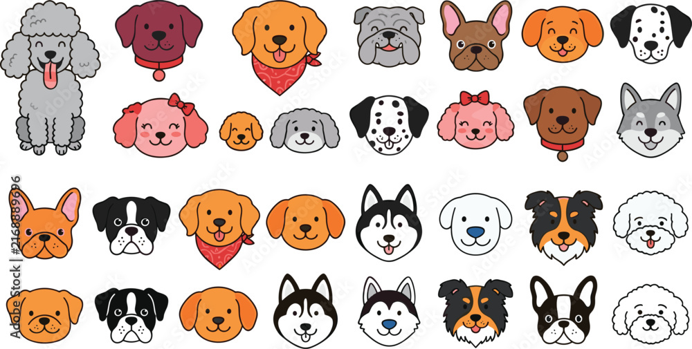 Obraz premium Collection of cartoon dog heads and one full poodle vector illustration on a white background