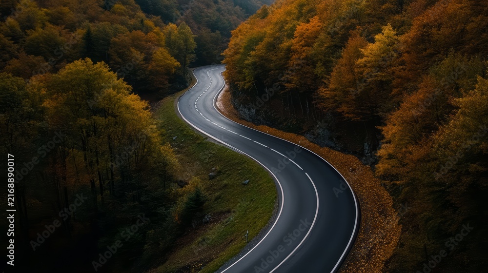 Fototapeta premium Winding Road Through Autumn Forest: A scenic winding road meanders through a vibrant forest ablaze with autumn colors, evoking a sense of adventure and exploration.
