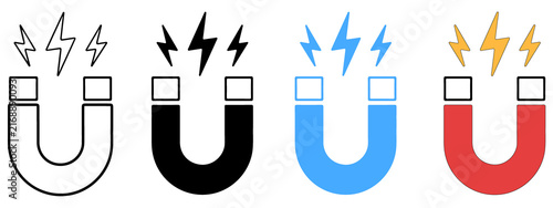 Fotografie Four horseshoe magnets with lightning bolts in black white blue and red