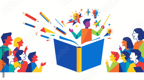 Creative vector illustration showing an open book with students gathering around while a central character generates brilliant colorful ideas like light bulbs and drawing pencils in this flat graphic 