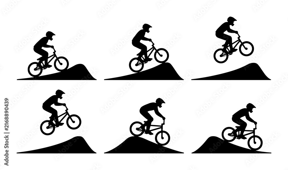 Fototapeta premium BMX Bicycle Rider Silhouette Set, Extreme Sports Action Sequence, Dynamic Jump and Trick Poses, Vector Graphics for Action and Adventure Themes