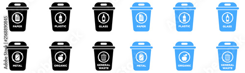 Konstfotografi Set of recycling bins with for paper plastic glass metal organic and general was