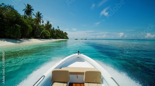 Speedboat Cruise to Paradise: Riding in a sleek speedboat across crystal-clear turquoise waters towards a pristine tropical island lined with palm trees, under a brilliant blue sky.