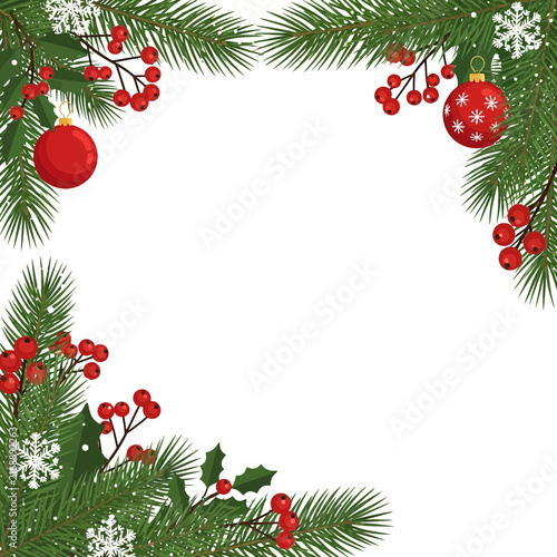 Winter Holiday Frame with Pine Branches Berries and Ornaments