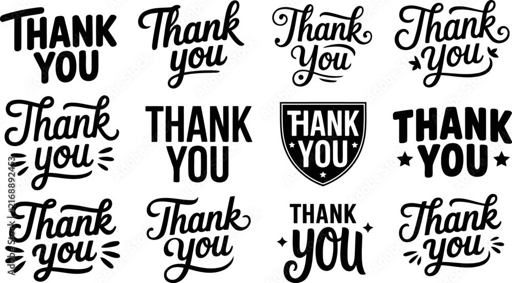 Obraz premium Collection of twelve different black script and bold typography featuring the words thank you in various styles, fonts, and decorations.