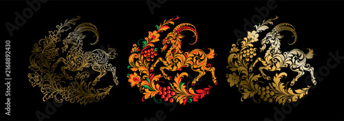 Картината върху платно Vector colorful illustration of a fiery horse made of Khokhloma patterns and ornaments, the symbol of the 2026 Chinese New Year