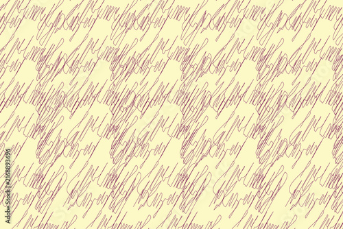 Abstract seamless pattern features repeating dark purple scribbles against a soft pale yellow solid background