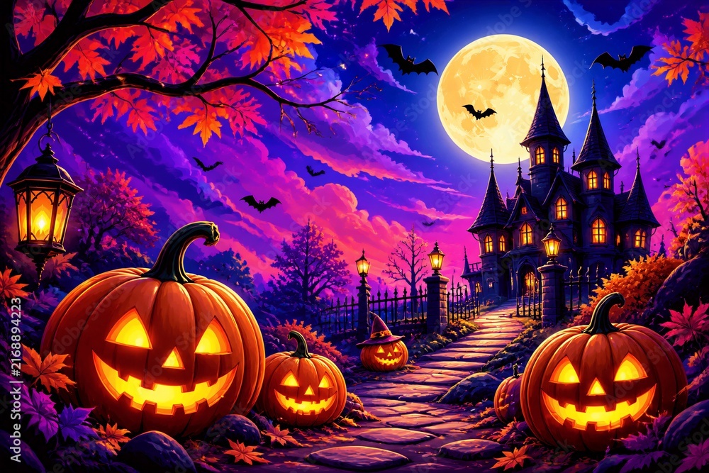 Fototapeta premium Jack o lanterns glowing along path to haunted mansion at night
