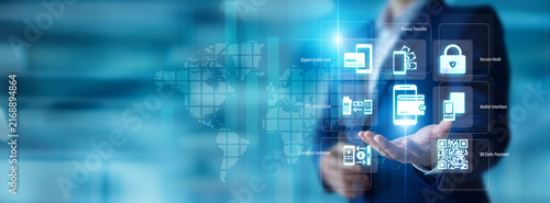 Fintech user holding a payment app in hand. Mobile Wallets facilitate global contactless payments and swift transfers. Digital checkout systems streamline modern e-commerce.