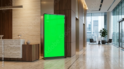 Modern office lobby with vertical green screen digital display