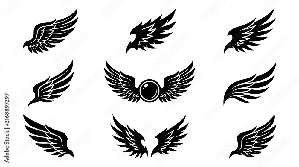 Fototapeta premium Collection of Black Wing Silhouettes and Heraldic Emblems for Logo Design and Tattoo Art Isolated on White Background