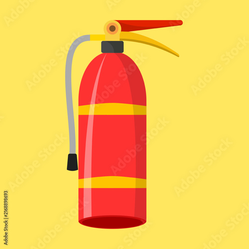 Flat vector illustration of a red fire extinguisher on yellow background. Fire safety, emergency equipment, and hazard protection concept icon.