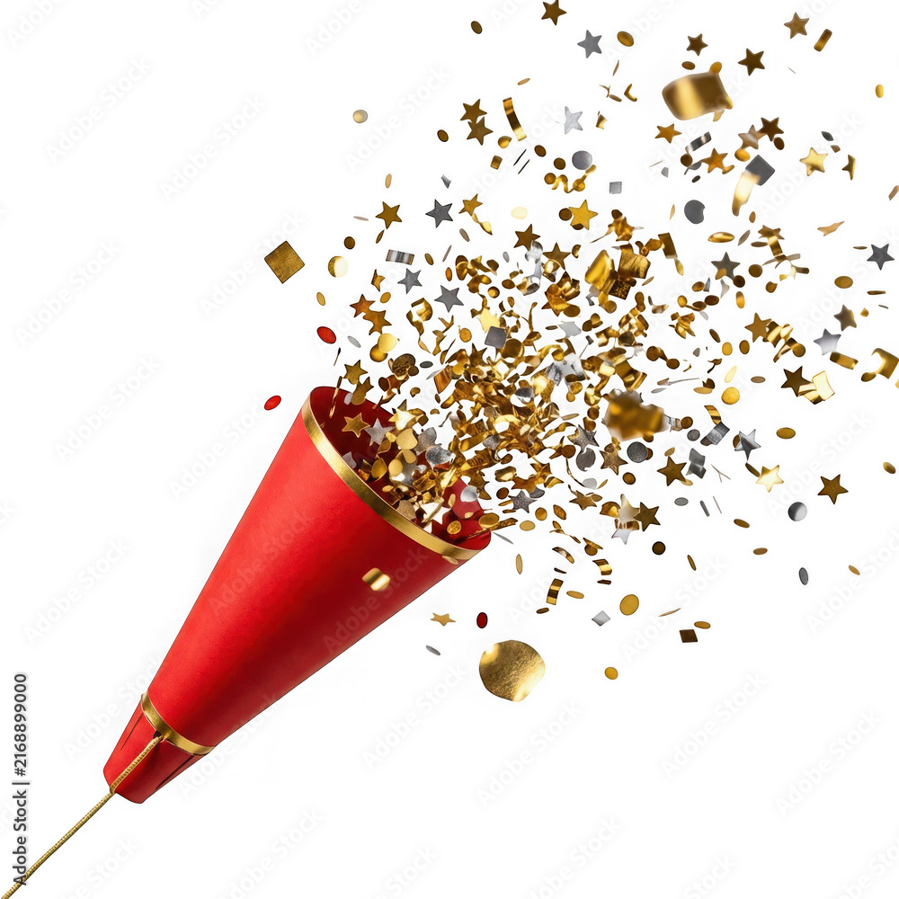 Naklejka premium Red party popper exploding with gold and silver confetti isolated on transparent background