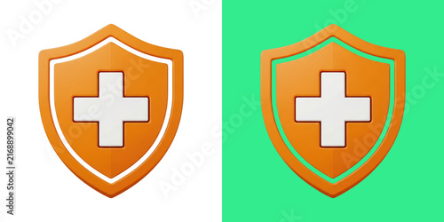 Minimalist 3D Orange Medical Shield Icons Set Against Contrast Backgrounds For Design