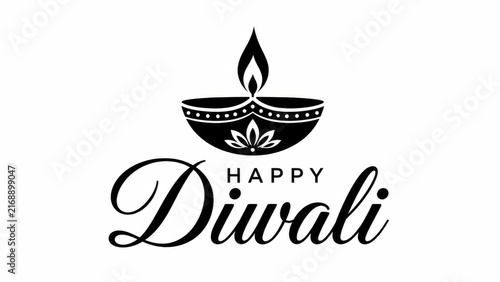 Minimalist black and white illustration of a traditional diya oil lamp with happy diwali text for festive holiday celebration
