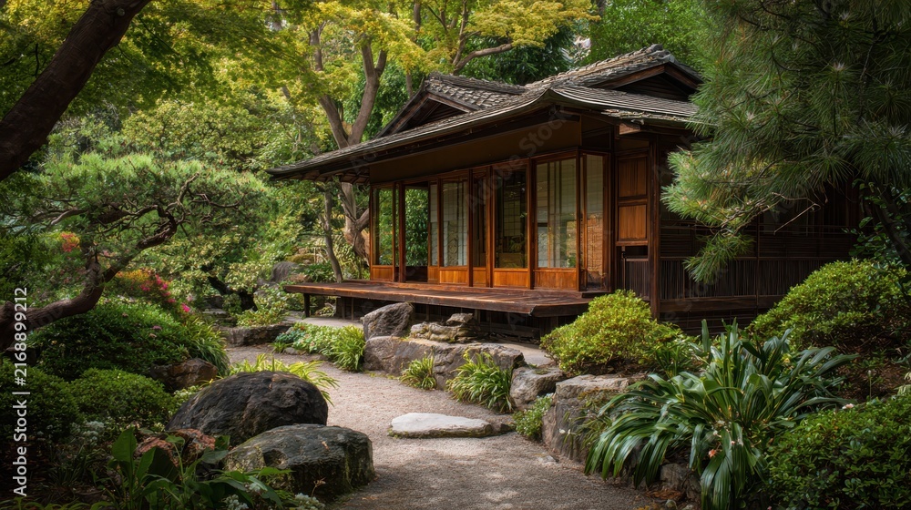Fototapeta premium Wooden house with sliding glass doors surrounded by a lush garden with home