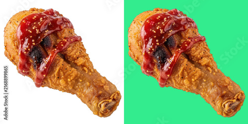 Cuadro en lienzo A Crispy Golden Fried Chicken Drumstick Drizzled With Thick Savory Red Sauce