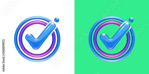 A glossy 3D checkmark icon set against black and light green backgrounds