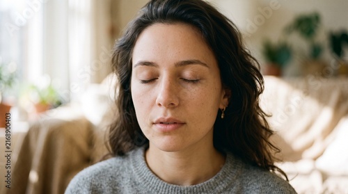 Young woman with eyes closed meditating peacefully indoors with soft natural light
