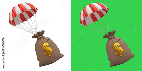 A 3D Rendered Brown Money Bag With A Gold Dollar Sign Parachuting Down