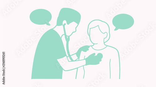 Continuous line of a doctor using a stethoscope to examine a patient with speech bubbles on a light pink background.