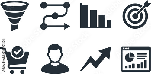 Business strategy icons set including sales funnel analytics and target achievement
