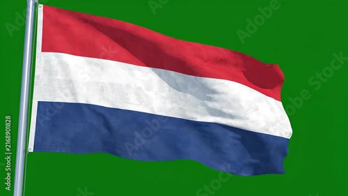 Flag of the netherlands waving on a flagpole against a green screen background
