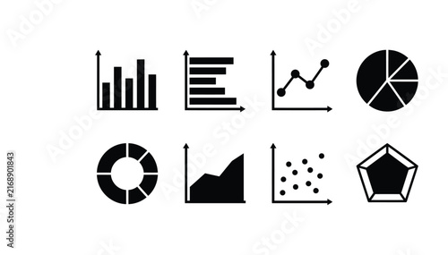 Collection of black silhouette data charts and graphs for business analysis