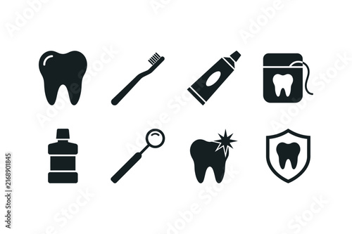 Dental hygiene icons set including toothbrush toothpaste floss and dental mirror