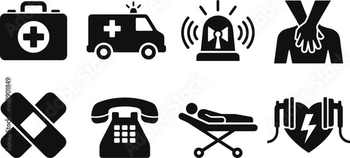 Emergency medical services icons set including ambulance first aid and healthcare
