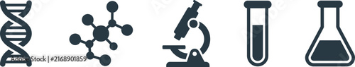 Scientific research icons including dna structure microscope test tubes and molecular models