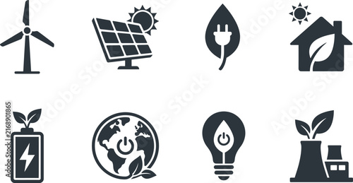 Renewable energy sources icons set including wind solar and green technology