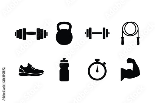 Fitness equipment icons set including dumbbells kettlebell jump rope and athletic shoes