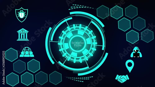 Dynamic business optimization process infographic with glowing neon circular interface, connected for financial growth, strategic planning, marketing strategy, and corporate workflow management