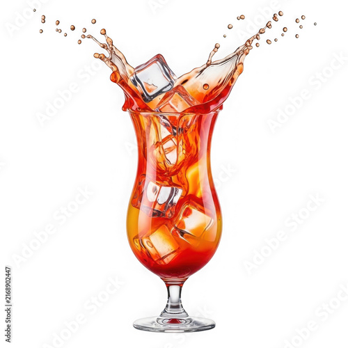 Refreshing tropical cocktail with ice cubes splashing in a glass on white background.