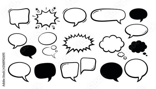 Set of hand drawn comic speech bubbles and thought clouds in various shapes and styles vector illustration