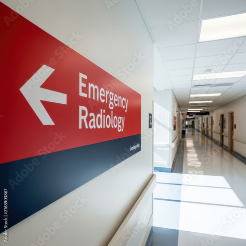 Bright Hospital Hallway Signage Guiding Patients To Emergency Radiology