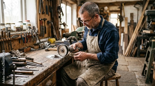 Skilled craftsman polishes metal buckle on workbench in rustic workshop