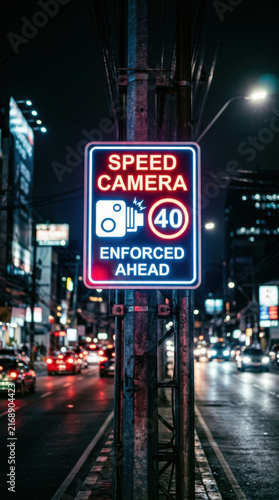 Bright Neon Speed Camera Sign On City Street At Night