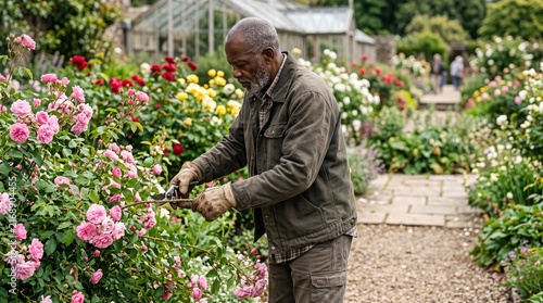 Elderly Black Man Pruning Pink Roses in a Lush Garden with Greenhouse in Background