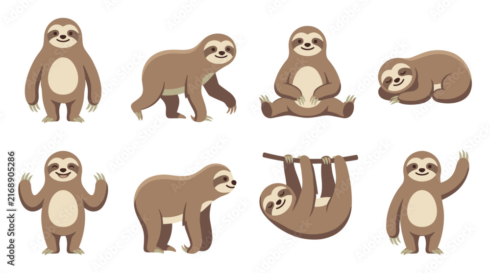 Naklejka premium Cute sloth character set vector with various poses like standing sitting walking hanging on branch sleeping and waving isolated on white background