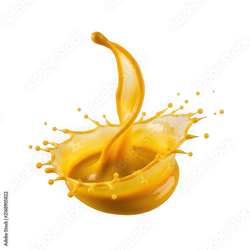 Orange juice splash isolated on white background, dynamic liquid fruit drink wave