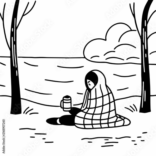 Autumn retreat, peaceful beach, cozy blanket, hot drink, minimalist composition