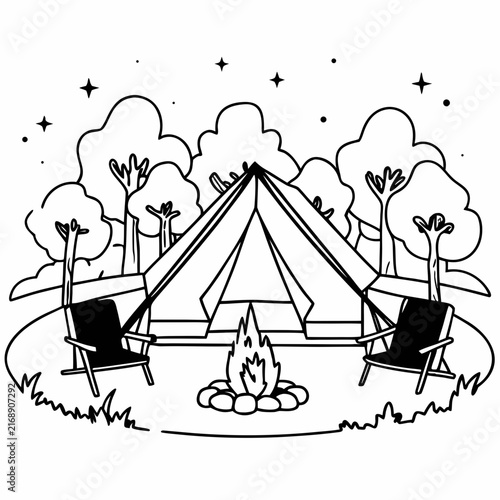 Autumn getaway. Luxurious autumn glamping: a designer tent amidst golden trees, a campfire, comfortable armchairs, and a starry sky