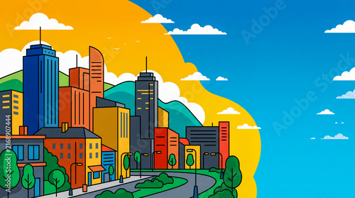 City skyline with colorful buildings and blue sky in the background