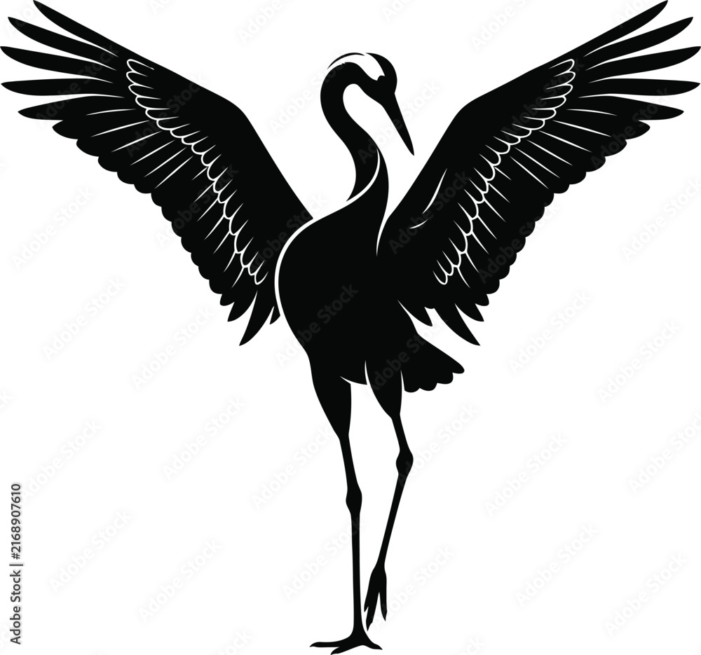 Naklejka premium Black silhouette of a crane with wings spread wide in a courtship display bird white