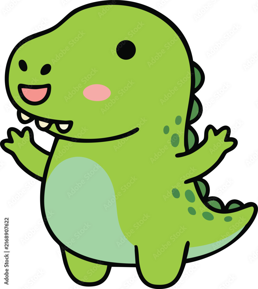 Fototapeta premium Cute Green Dinosaur Cartoon Character – Adorable Kawaii Dino Illustration
