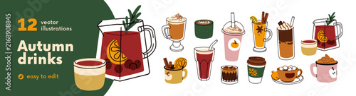 Autumn seasonal drinks set. Hot fall beverages. Pumpkin spiced latte, fruit tea, coffee, cocoa with marshmallow. Cafe cups, mugs, glasses. Flat vector illustrations isolated on white background